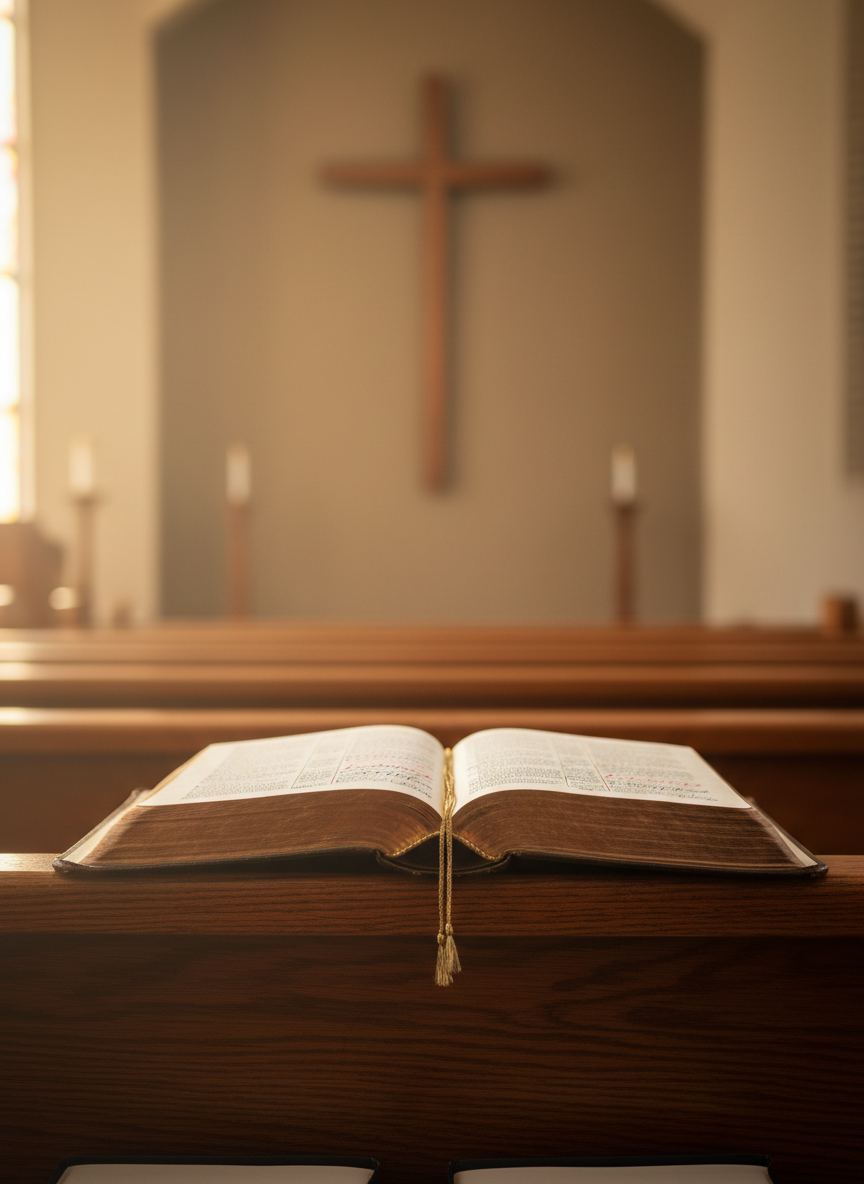 An open Bible resting on a smooth wooden church pew, its slightly worn leather cover folded back to reveal pages marked with subtle underlines and notes. A traditional wooden cross hangs blurred in the distant background at the front of the sanctuary. Warm, diffused daylight streams in from unseen side windows, creating soft highlights along the page edges and a gentle glow on the rich wood grain. Photographic realism with a shallow depth of field, shot from a low, close perspective at the book’s edge. The mood is calm, contemplative, and reverent, ideal for illustrating a Bible-centered church focused on Scripture teaching.