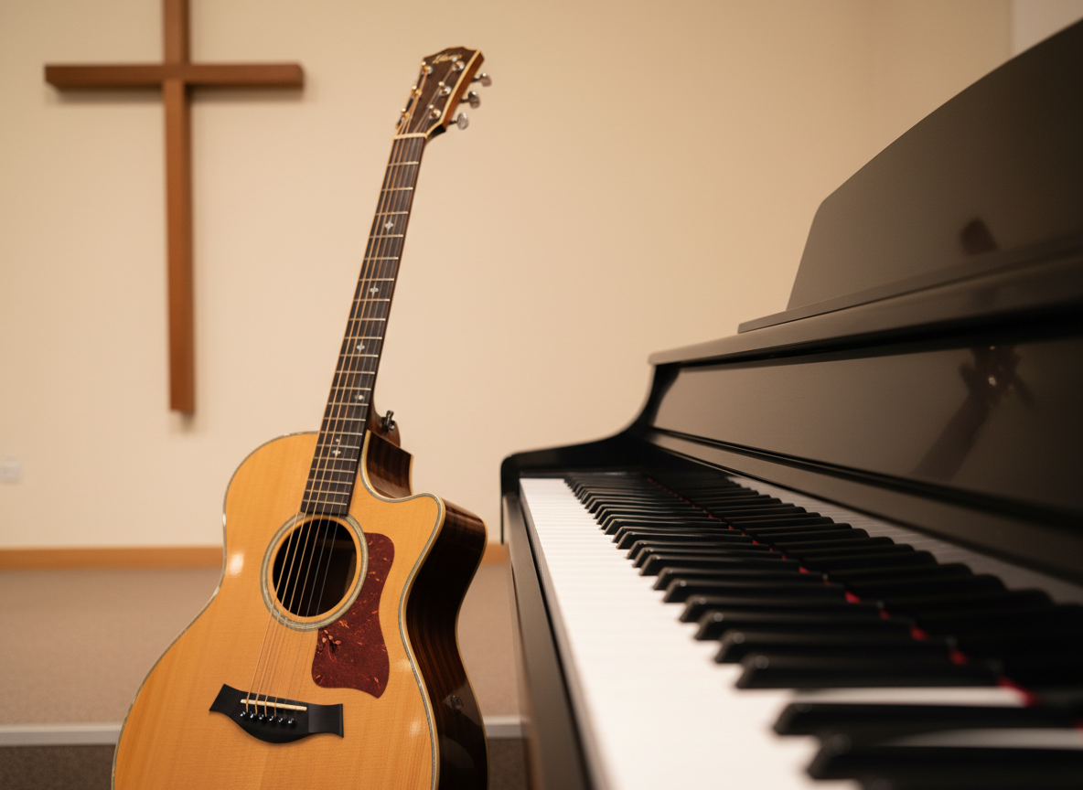 A close-up view of an acoustic guitar and a black digital piano keyboard side by side in a simple church worship space, symbolizing worship music. The guitar’s natural wood body shows fine grain and polished finish, while the piano keys catch subtle reflections from overhead lights. In the softly blurred background, a plain wooden cross stands against a neutral wall. Warm, even indoor lighting creates a gentle, inviting glow without harsh contrasts. Photographic realism with a shallow depth of field and centered composition on the instruments. The mood is peaceful and reverent, suggesting thoughtful worship music leadership while remaining professional and understated.