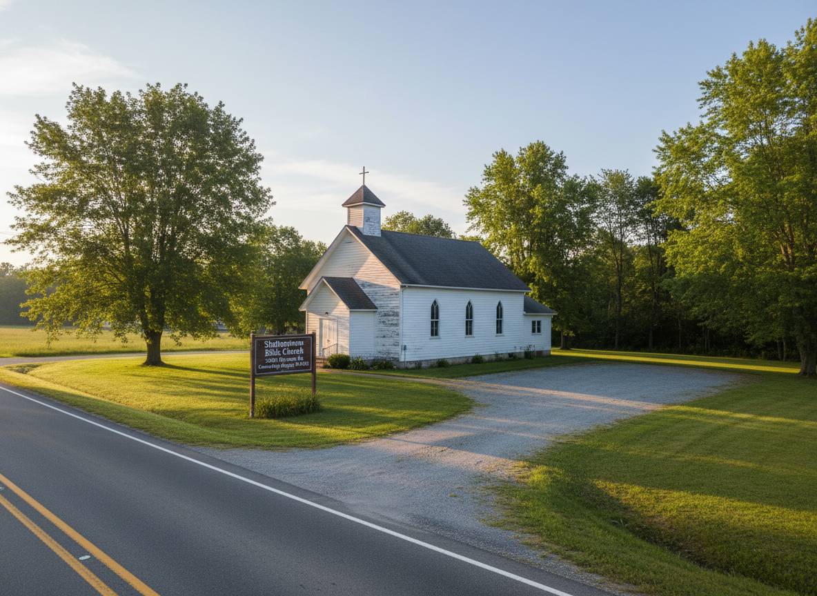 A modest white country church building with simple wooden siding and a small steeple topped by a cross, set back from a quiet rural road. A discreet sign near the drive clearly reads “Skeltontown Bible Church, 24201 Blystone Rd, Cambridge Springs, PA 16403” in dark, easy-to-read lettering. Early morning natural light creates a soft, golden glow on the facade and long gentle shadows across the neatly mowed grass and gravel parking area. Photographic realism at eye level, with a wide-angle composition that captures surrounding trees and open sky, conveying a peaceful, welcoming, and reverent atmosphere suitable for a small Bible church homepage hero image.