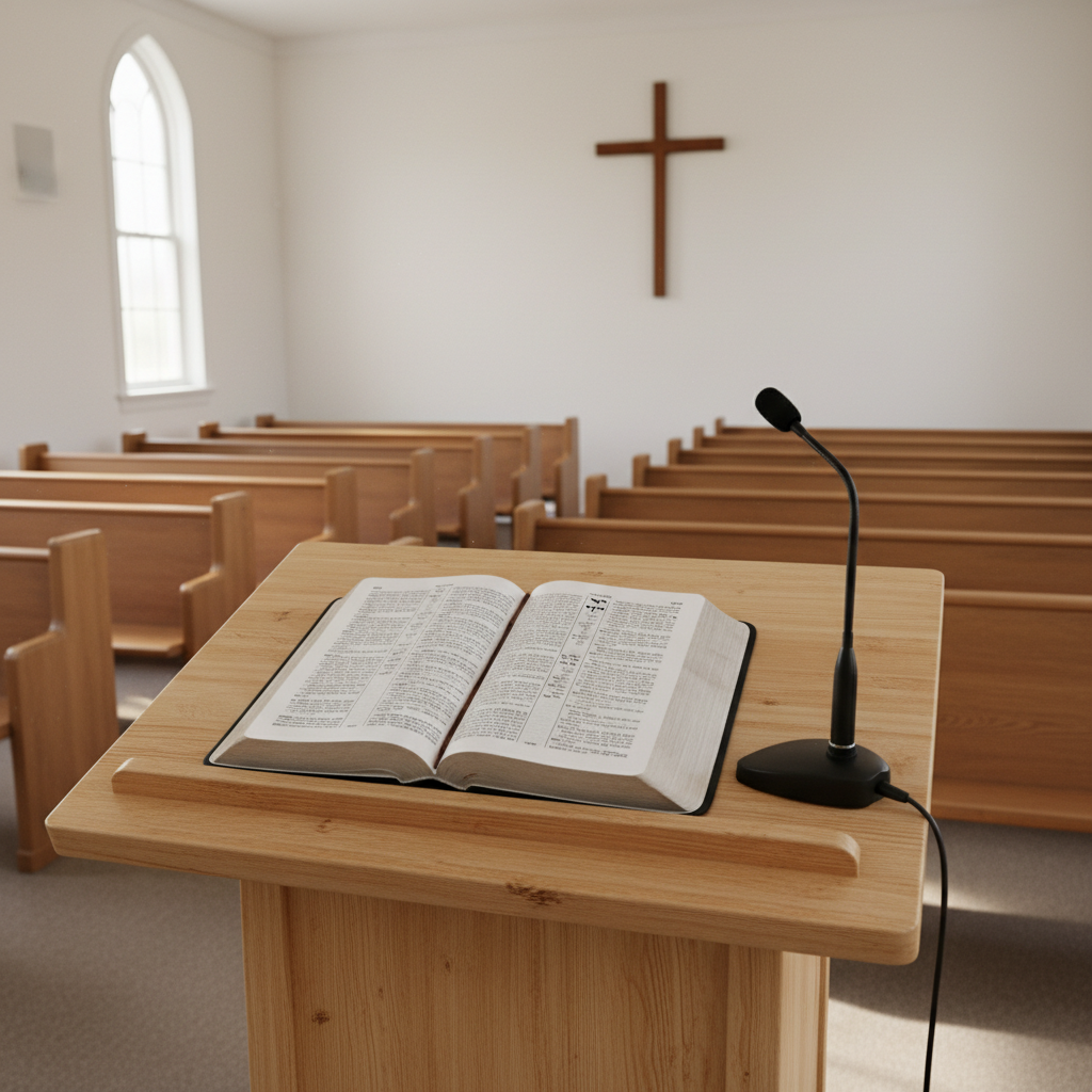 A simple wooden lectern at the front of a small rural church sanctuary, with an open Bible centered on its surface and a modest microphone resting unused beside it. The background shows empty, neatly arranged wooden pews and a plain white wall with a wooden cross mounted above. Soft mid-morning natural light enters from side windows, casting gentle shadows and highlighting the wood textures. Photographic realism, captured from a slightly elevated, three-quarter angle that emphasizes the lectern as the focal point. The scene feels orderly, professional, and worshipful, reflecting a Bible church ready for Sunday’s 10:00 am service without any people present.