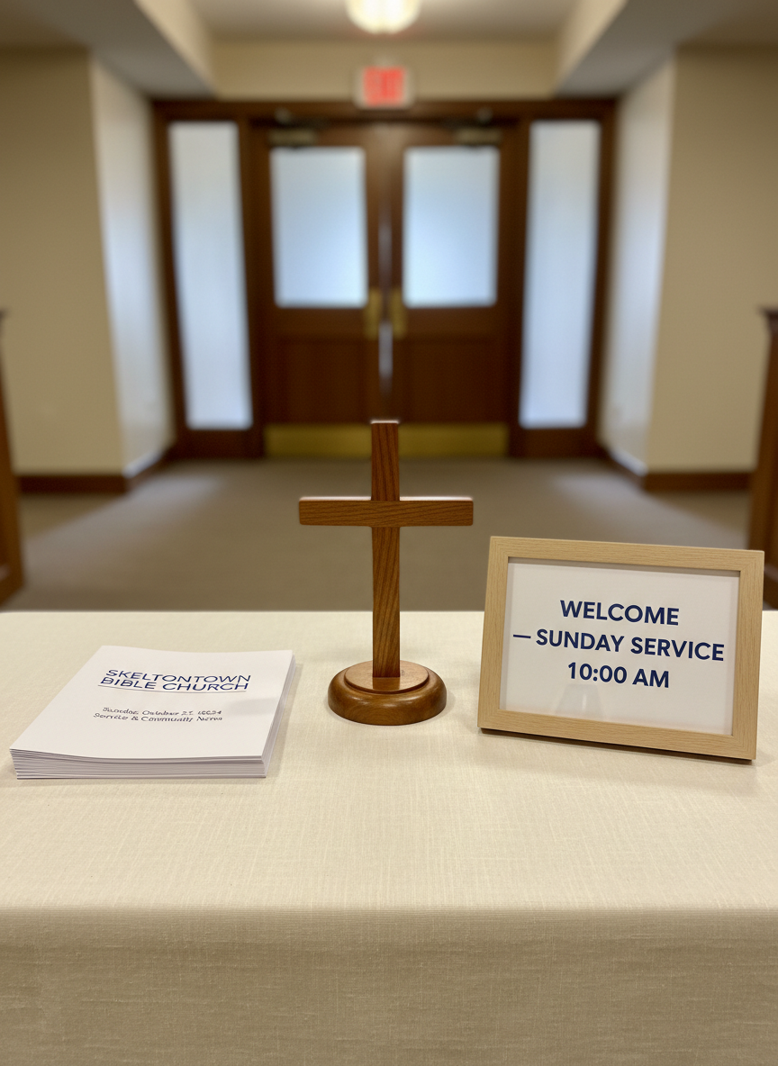 A neatly arranged church foyer table displaying a small wooden cross, a stack of printed church bulletins titled “Skeltontown Bible Church,” and a simple sign that reads “Welcome — Sunday Service 10:00 am.” The table is covered with a clean, neutral-colored cloth, set against a softly blurred background of a hallway leading toward the sanctuary doors. Overhead indoor lighting is warm but not harsh, creating soft reflections on the cross and gentle shadows under the bulletins. Photographic realism from an eye-level, close perspective, using shallow depth of field. The mood is orderly, hospitable, and professional, emphasizing clear information and a welcoming environment without any visible people.