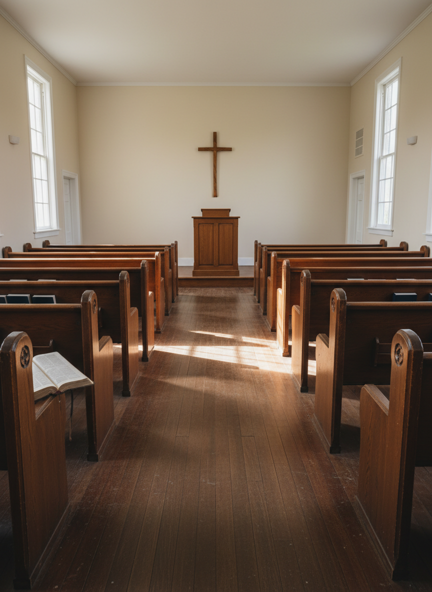 The interior of a small, traditional country church sanctuary, featuring rows of polished wooden pews, a simple wooden pulpit, and a modest wooden cross mounted on a plain light-colored wall. A single open Bible rests on a front pew, its pages gently curved. Soft, diffused daylight filters through side windows with clear or lightly frosted glass, casting gentle bands of light on the aisle and pews. Photographic realism with a wide-angle lens from the rear center aisle, sharp focus throughout. The mood is quiet, reverent, and inviting, conveying a humble yet cared-for worship space appropriate for a Bible church in rural Pennsylvania.