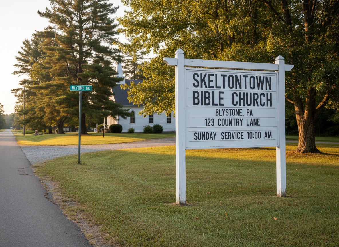 An exterior roadside view of a simple, sturdy church sign for “Skeltontown Bible Church” placed on a grassy edge of a quiet country road labeled “Blystone Rd.” The sign has a clean white background with dark, professional lettering including the church name, address, and “Sunday Service 10:00 am.” A gravel driveway curves into the property toward a partially visible white church building surrounded by trees. Late afternoon natural light gives a warm, golden tone, with long shadows stretching across the grass. Photographic realism at eye level using rule-of-thirds composition, creating a clear, informative, and welcoming directional image without any people present.