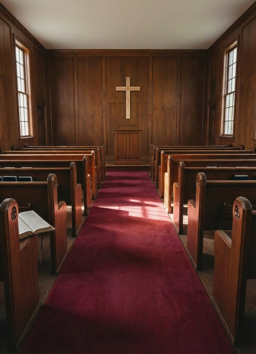 Wooden chapel interior with a red carpet aisle leading to a pulpit and cross.